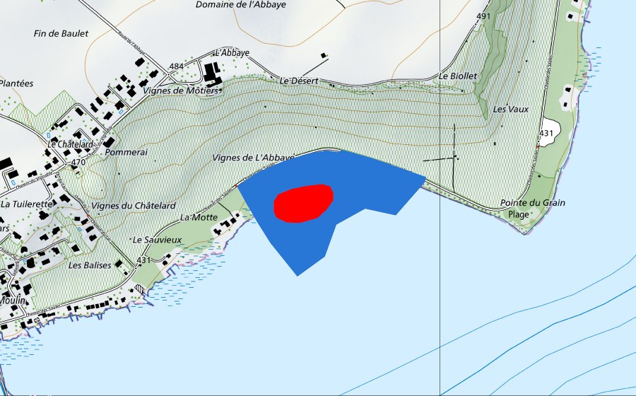 swisstopo national map showing the protected perimeter of Prähistorische Pfahlbauten um die Alpen (UNESCO World Heritage)