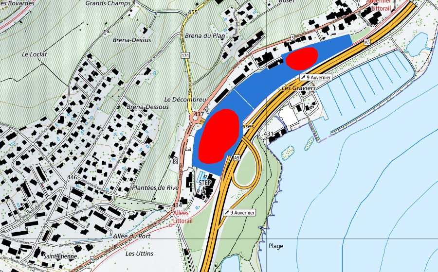 swisstopo national map showing the protected perimeter of Prähistorische Pfahlbauten um die Alpen (UNESCO World Heritage)