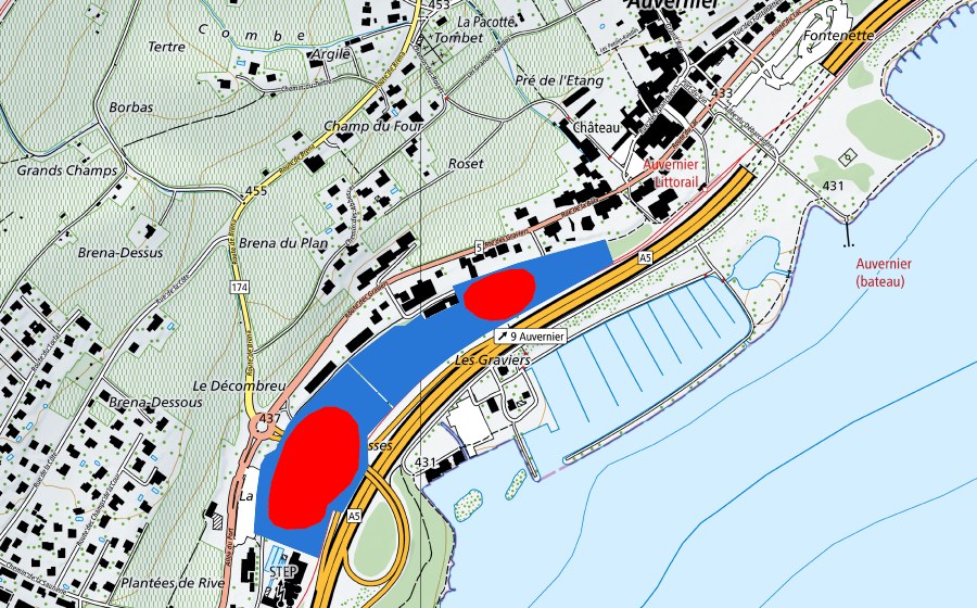 swisstopo national map showing the protected perimeter of Prähistorische Pfahlbauten um die Alpen (UNESCO World Heritage)