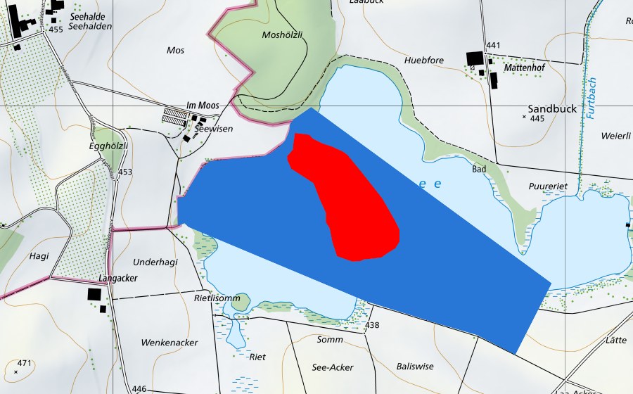 swisstopo national map showing the protected perimeter of Prähistorische Pfahlbauten um die Alpen (UNESCO World Heritage)