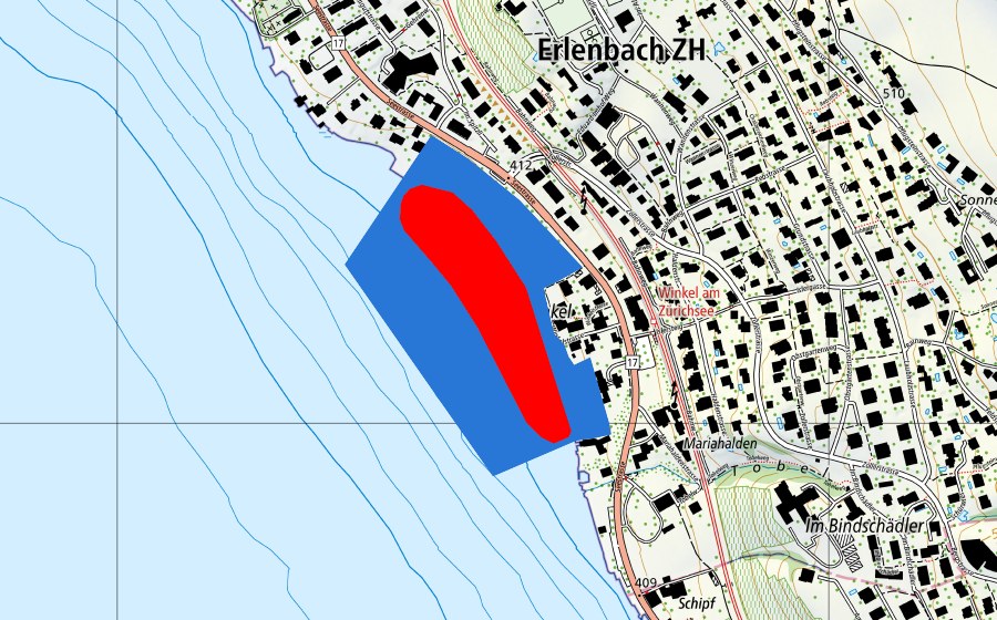 swisstopo national map showing the protected perimeter of Prähistorische Pfahlbauten um die Alpen (UNESCO World Heritage)