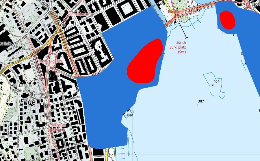 swisstopo national map showing the protected perimeter of Prähistorische Pfahlbauten um die Alpen (UNESCO World Heritage)