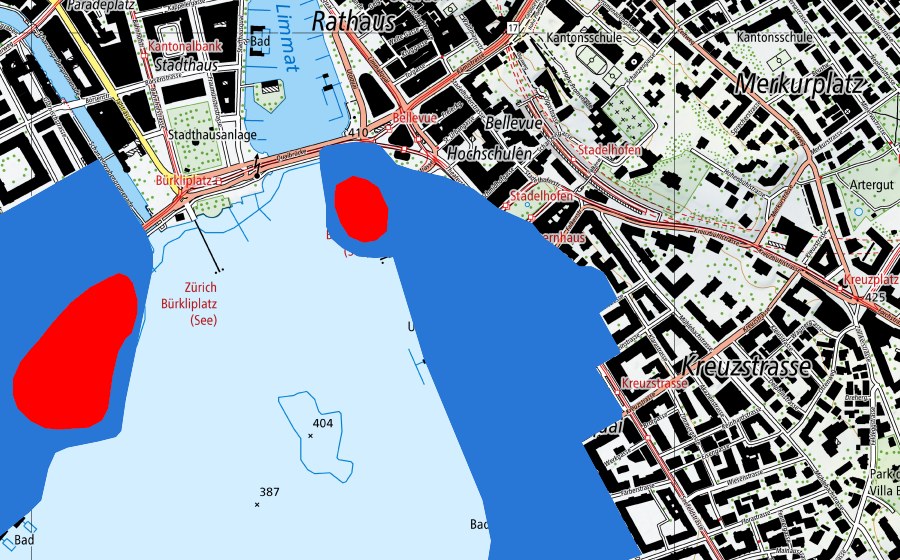 swisstopo national map showing the protected perimeter of Prähistorische Pfahlbauten um die Alpen (UNESCO World Heritage)