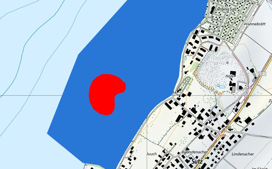 swisstopo national map showing the protected perimeter of Prähistorische Pfahlbauten um die Alpen (UNESCO World Heritage)