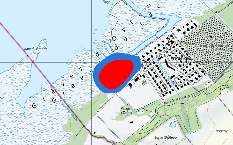swisstopo national map showing the protected perimeter of Prähistorische Pfahlbauten um die Alpen (UNESCO World Heritage)