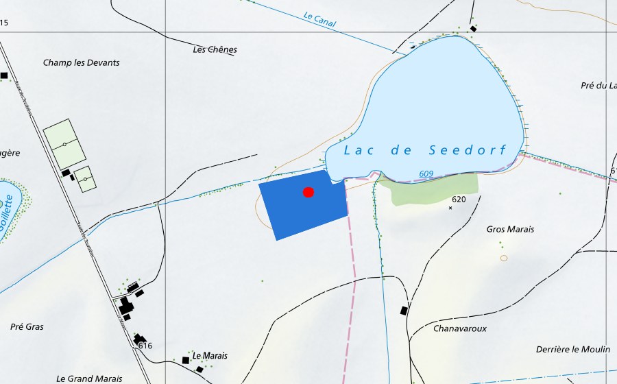 Landeskarte swisstopo mit dem Schutzperimeter von Prähistorische Pfahlbauten um die Alpen (UNESCO-Welterbe)