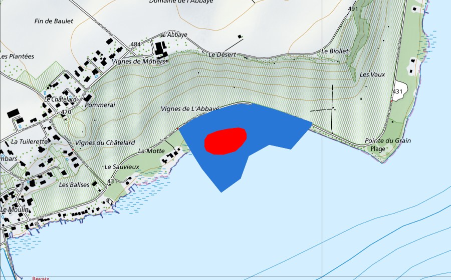 swisstopo national map showing the protected perimeter of Prähistorische Pfahlbauten um die Alpen (UNESCO World Heritage)