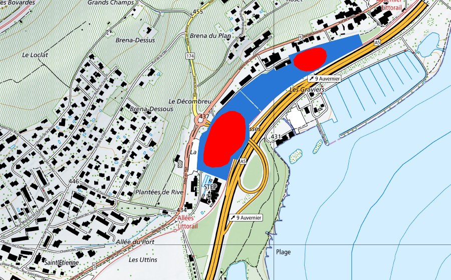 swisstopo national map showing the protected perimeter of Prähistorische Pfahlbauten um die Alpen (UNESCO World Heritage)