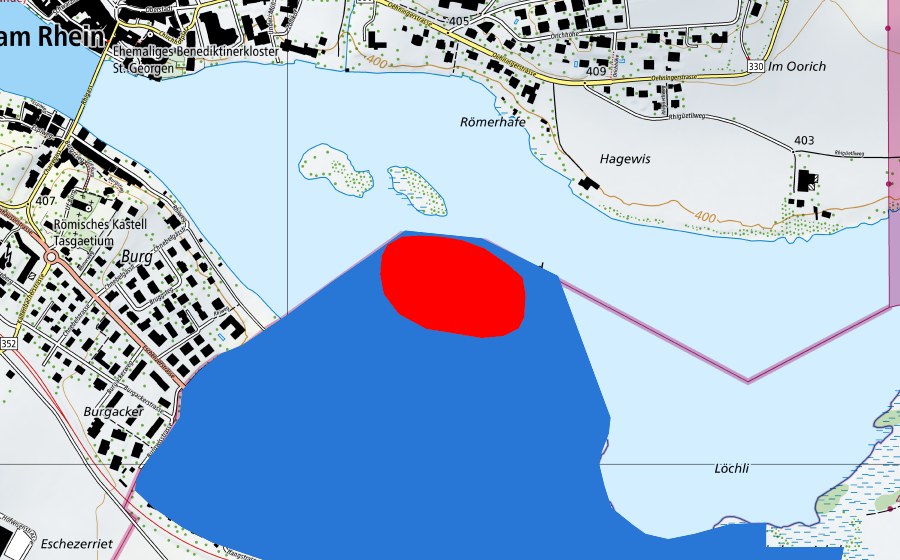 swisstopo national map showing the protected perimeter of Prähistorische Pfahlbauten um die Alpen (UNESCO World Heritage)