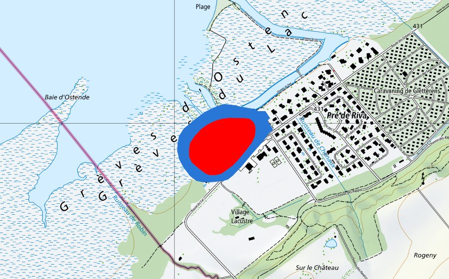 swisstopo national map showing the protected perimeter of Prähistorische Pfahlbauten um die Alpen (UNESCO World Heritage)